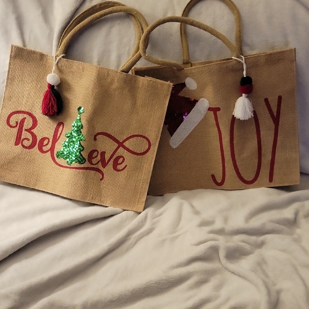 Christmas Festive Burlap Tote Bags with Red and Green Accents. 2X1.  NWT.